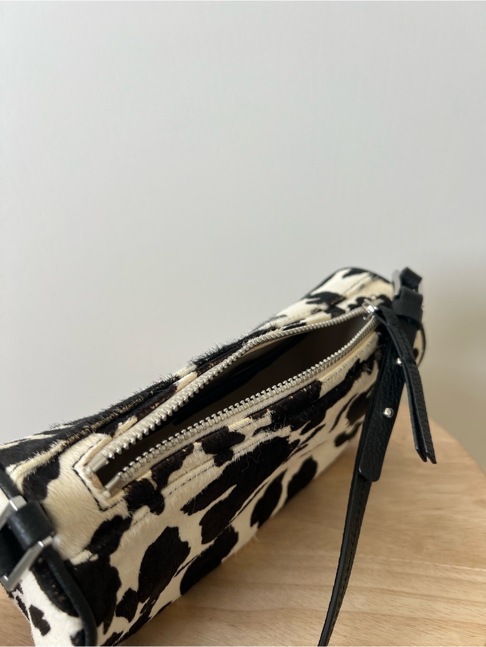 Black & White Cow Print Leather Shoulder Bag - Picture 5 of 5